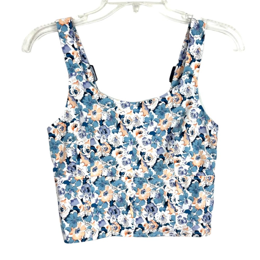 E  Hyphen World Gallery crop top blue floral print Sz S white Sleeveless tank